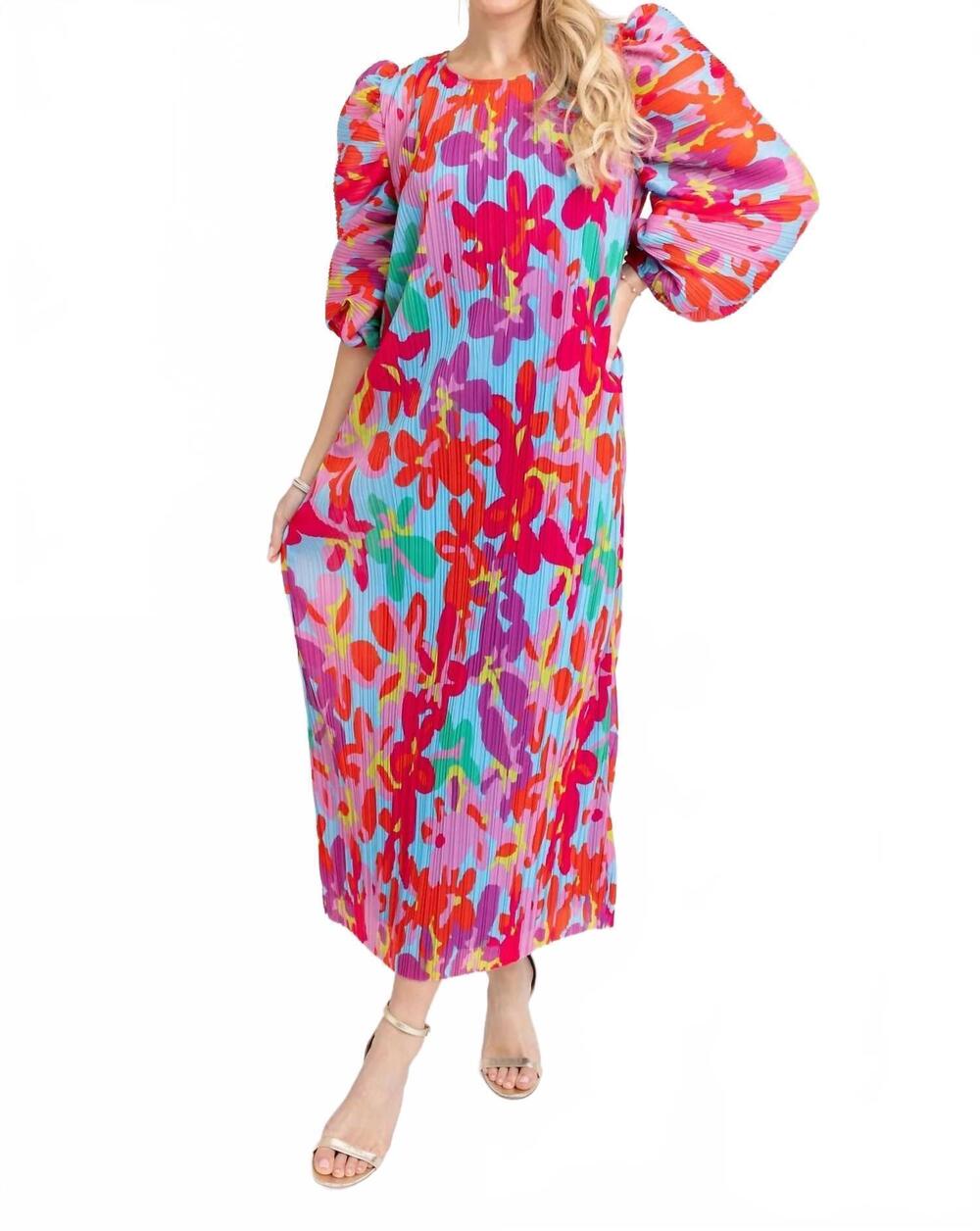 NEW KARLIE big floral pleat dress in red multi